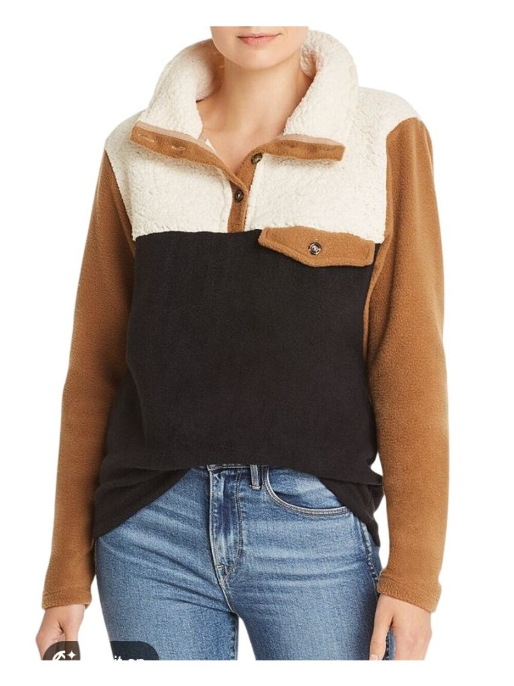 Donni Charm Tri Fleece Pullover Sweater In Cream/black/camel - Size S